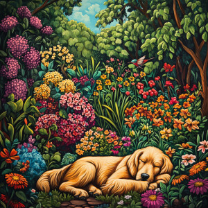 Create an image of a tranquil garden on a sunny summer day, wher...