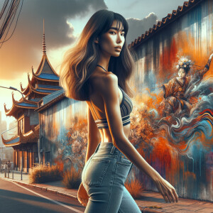 Athletic Thin skinny Attractive, Asian teenage girl, long brown hair and bangs, wearing tight skinny jeans and a halter top paint marks on her clothing, heroic pose Asian graffiti background, backside view