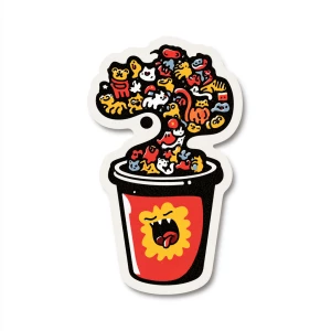die-cut sticker design of a coffee cup, overflowing with a chaot...