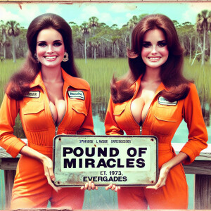 Generate a faded film photograph from 1973 in the Everglades. Tw...