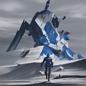 Lone futuristic samurai warrior with blue white and gold armor w...