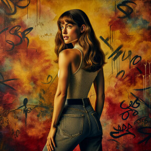 Athletic Thin skinny Attractive, Asian teenage girl, long brown hair and bangs, wearing tight skinny jeans and a halter top paint marks on her clothing, heroic pose Asian graffiti background,  backside view