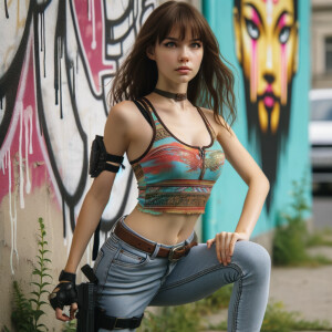 teenage girl, long brown hair and bangs, wearing tight skinny jeans and a halter top paint marks on her clothing, heroic pose Asian graffiti background, nearing on one knee