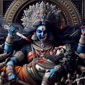 portrait of angry looking, gorgeous goddess kali, blue skinned carrying a weak mahishasur in her two arms and stabbing him with her amazingly long red fingernails. She is wearing a huge silver crown, red saree, abundant silver jewelry, covered in blood. The scene is set in ancient India. The image is 8K resolution, cinematic, ultra detailed face and epic.