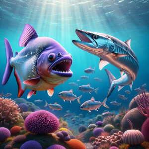 Purple lime piranha no teeth playing with a barracuda