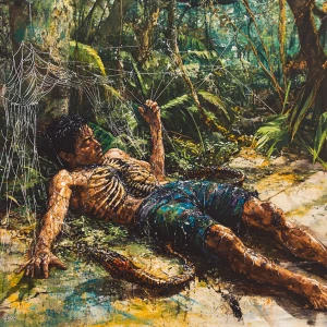 A amazon jungle scene with a 30 meter area is covered in spider...