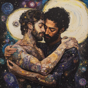 Imagine the cosmos as two men locked in a profound embrace, one...
