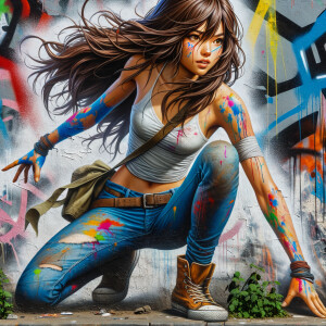 teenage girl, long brown hair and bangs, wearing tight skinny jeans and a halter top paint marks on her clothing, heroic pose Asian graffiti background, nearing on one knee