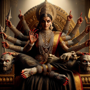 portrait of intense looking, four-armed indian goddess sitting...