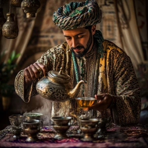 A Moroccan man in traditional attire pouring mint tea from an or...