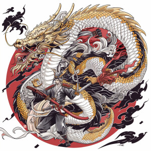 Outlined image of gold eyed Chinese dragon with the main color o...