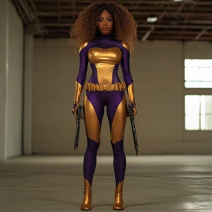 Capture a wide camera angle of a superheroine standing in an emp...