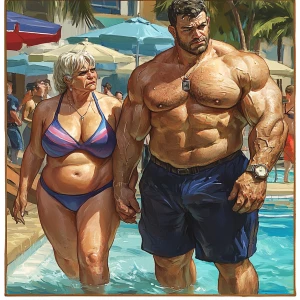 Create a realistic art-style image of a muscular, sweaty man wal...