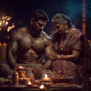 Realism, photo painting.a muscular beefy sweaty tattoed indian m...
