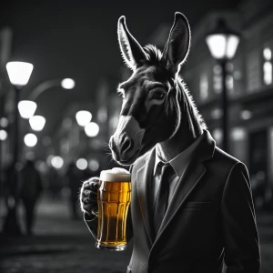 Anthropomorphic donkey drinking a beer