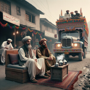 two boys, 35 years old each, wearing Pakistani dress, sitting on...