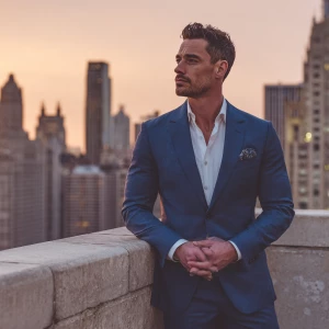 The image captures a well-dressed man standing on a high-rise ba...