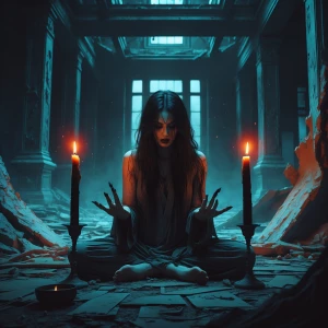 A close-up view of a dark, mystical scene in an abandoned, decre...