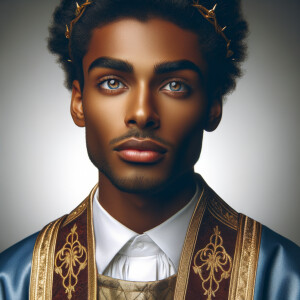 Create handsome African-American, Jesus, with Hazel Brown eyes wearing a blue and gold robe