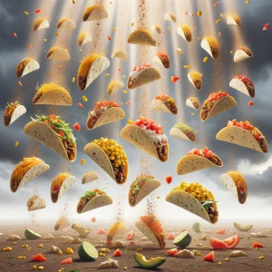 Tacos tumbling and raining down from the sky.