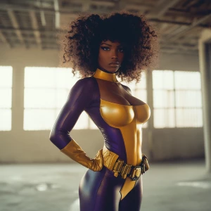 Capture a wide camera angle of a superheroine standing in an emp...