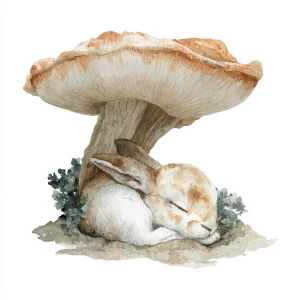 Sleeping rabbit under mushroom, watercolor style, earth tones, w...