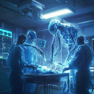 Extraterrestrial beings with shimmering blue skin and multiple t...