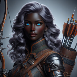 A beautiful huntress from the “Monster Hunter” series with dark...