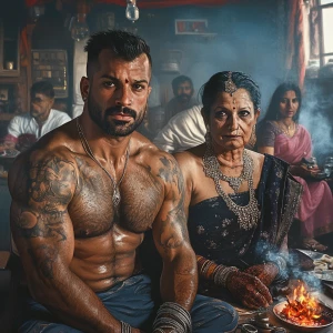 Create a hyper-realistic image of a muscular, tattooed man with...