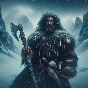 a black-haired Viking barbarian with an icy poleaxe in the frost...