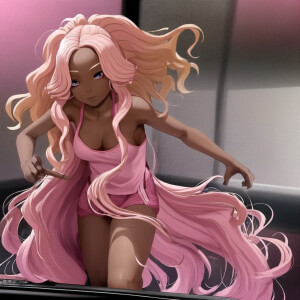 Create a young African woman dancing with long wavy blonde hair...