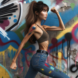 Very thin Athletic Thin skinny Attractive, Asian teenage girl, long brown hair and bangs, wearing tight skinny jeans and a halter top paint marks on her clothing, sitting side view heroic pose Asian graffiti