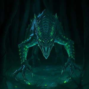 A menacing, bioluminescent creature prowls through a dark, myste...