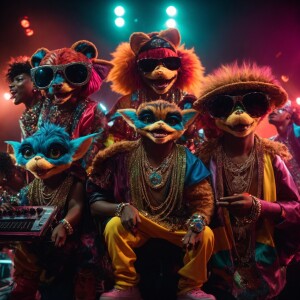 A group of animated gremlins styled in vivid hip-hop fashion, ad...
