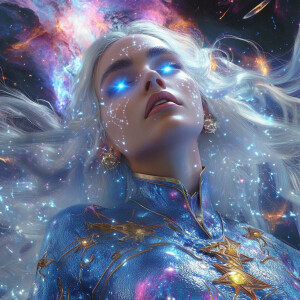 A celestial sorceress with glowing blue eyes, silver hair flowin...