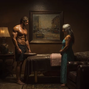 realism photo painting, a muscular australian man in his beach h...