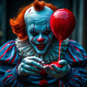 Sinister clown that strongly resembles pennywise is holding a li...
