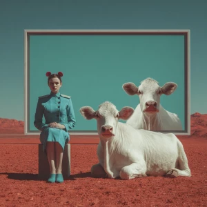 Surreal cinematic scene on Mars — a woman in a sleek teal suit w...