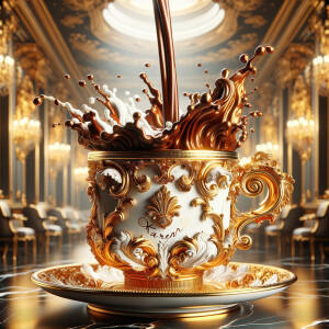 Illustrate a sumptuous coffee cup with an elaborate baroque-insp...