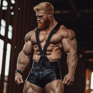 Joe bodybuilder blonde hair and beard wearing a black leather sh...