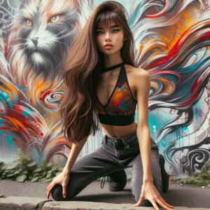 teenage girl, long brown hair and bangs, wearing tight skinny jeans and a halter top paint marks on her clothing, heroic pose Asian graffiti background, nearing on one knee