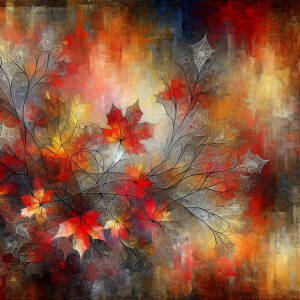 Visualize a canvas depicting vibrant autumn-colored leaves with...