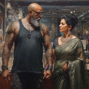 Hyperrealism,sharp lifelike painting.a muscular beefy tattoed gu...