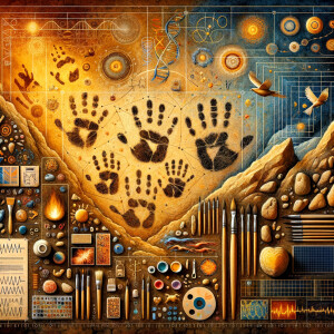 Cave Art with Handprints symbols for fire, water and air, macro, circuitry, cellular structures, DNA paint brushes and artc pallets small birds, flying cardiogram print out slide detector print electromagnetic fields linear grid golden ratio