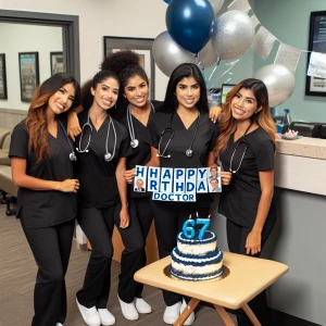 Create an image of six employees at an Injury Rehab Clinic celeb...
