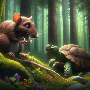 Generate an image that depicts a rat and a tortoise engaged in c...