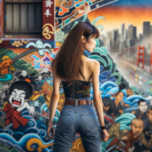 Attractive, Asian teenage girl, long brown hair and bangs, weari...