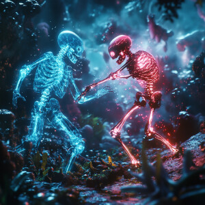 In the heart of an enigmatic, otherworldly landscape, a human an...