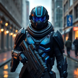 Futuristic soldier with advanced armor, weaponry, and helmet, Ro...