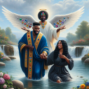 An oil painting depicting a light-skinned African-American pasto...